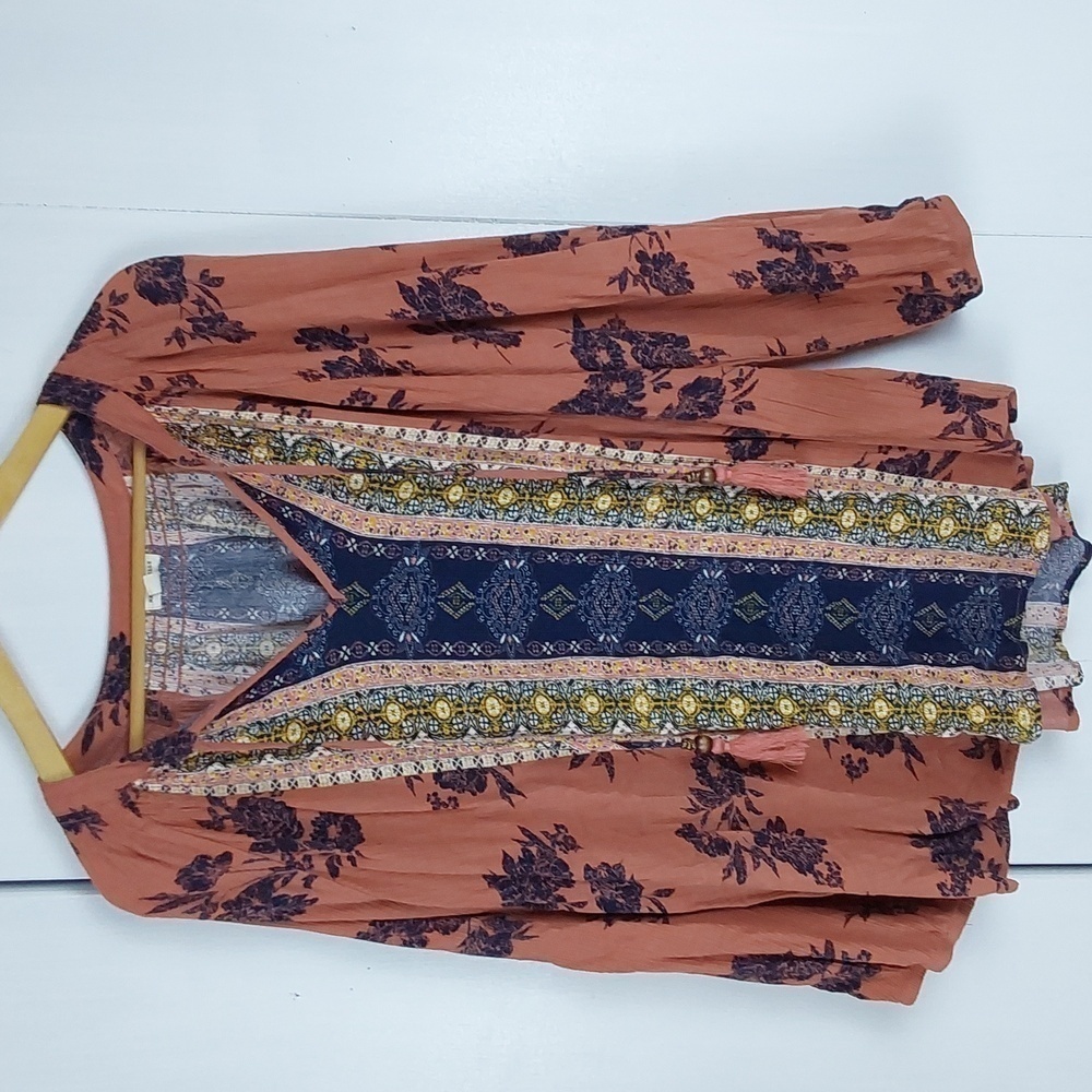 Mason Belle| Womens Rusty Orange Floral Peasant Top Tassels Boho Hippie Sz.XL